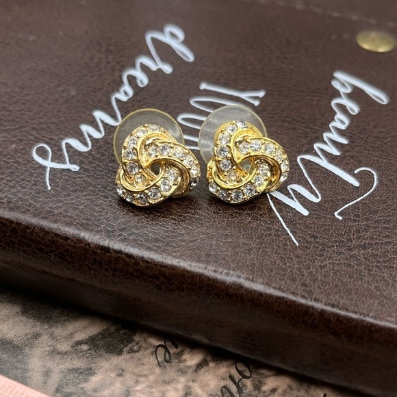 Vintage Gold Knot Rhinestone Earrings Retro 80s 90s Glam - Picture 1 of 7